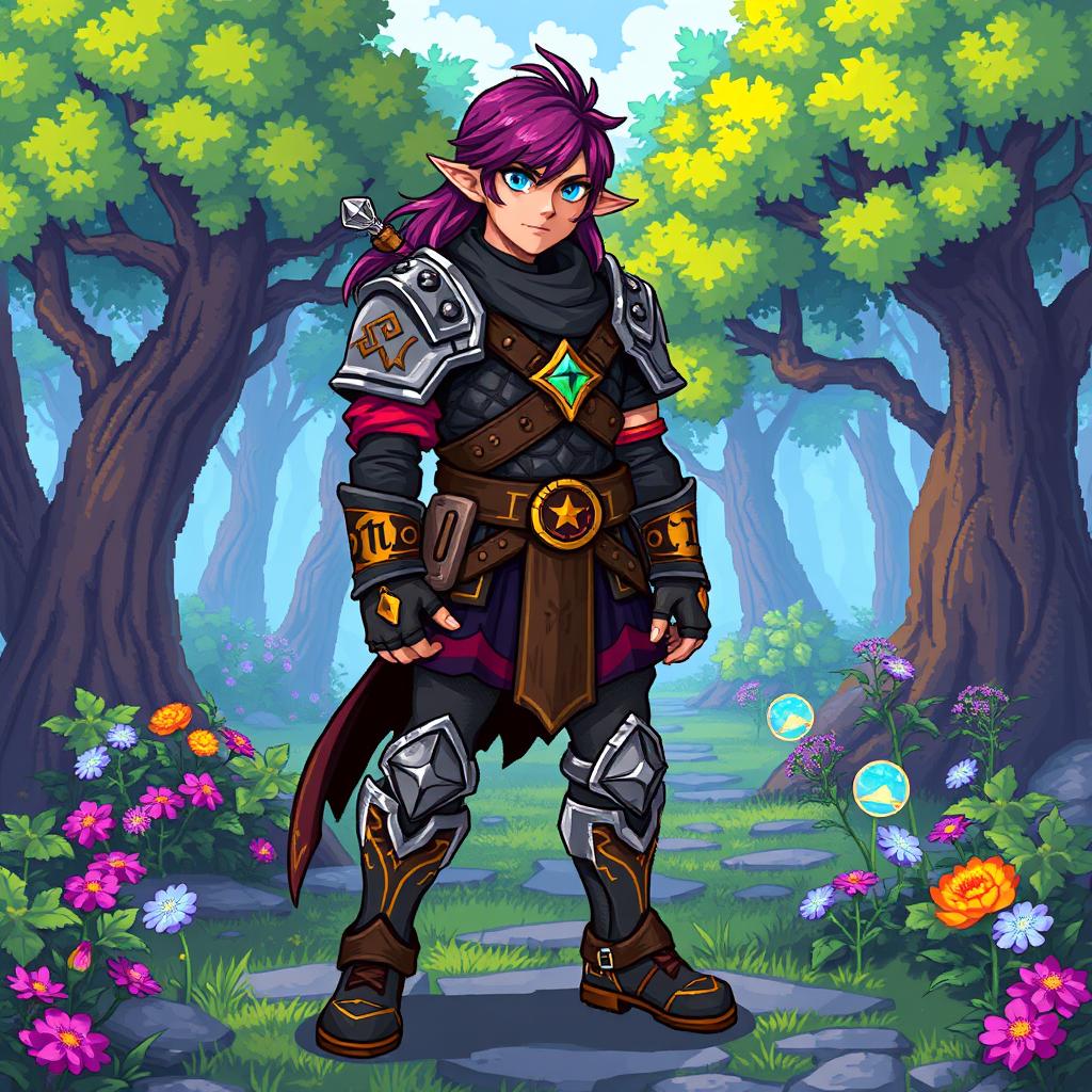 A character from a role-playing game (RPG) designed in vibrant pixel art style, showcasing intricate details in their outfit and accessories