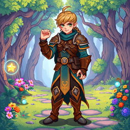 A character from a role-playing game (RPG) designed in vibrant pixel art style, showcasing intricate details in their outfit and accessories