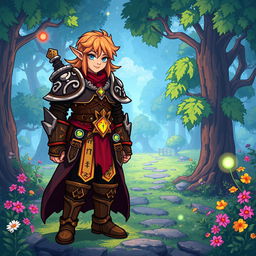 A character from a role-playing game (RPG) designed in vibrant pixel art style, showcasing intricate details in their outfit and accessories