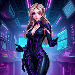 A sexy gothic anime-inspired cyberpunk scene featuring a striking blonde milf character as a ripper doc