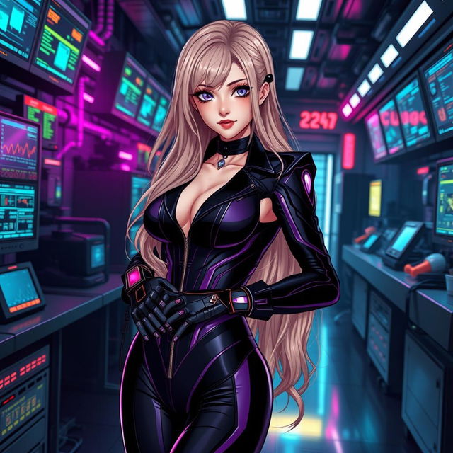 A sexy gothic anime-inspired cyberpunk scene featuring a striking blonde milf character as a ripper doc