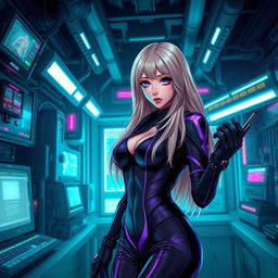 A sexy gothic anime-inspired cyberpunk scene featuring a striking blonde milf character as a ripper doc