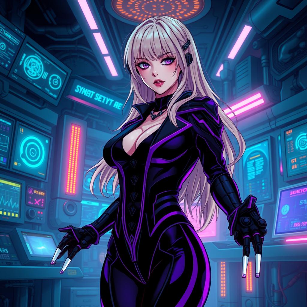 A sexy gothic anime-inspired cyberpunk scene featuring a striking blonde milf character as a ripper doc