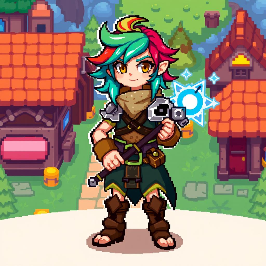 A 2D pixel art character from a role-playing game (RPG), showcasing a unique and detailed design