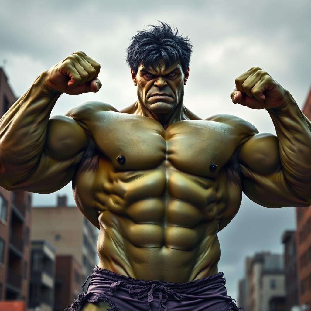 A hyper-realistic depiction of the Hulk flexing his muscles, showcasing bulging biceps, defined abs, and massive chest, set against a dramatic urban backdrop with a cloudy sky