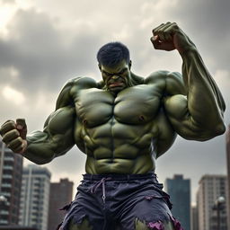 A hyper-realistic depiction of the Hulk flexing his muscles, showcasing bulging biceps, defined abs, and massive chest, set against a dramatic urban backdrop with a cloudy sky