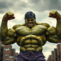 A hyper-realistic depiction of the Hulk flexing his muscles, showcasing bulging biceps, defined abs, and massive chest, set against a dramatic urban backdrop with a cloudy sky