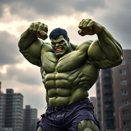 A hyper-realistic depiction of the Hulk flexing his muscles, showcasing bulging biceps, defined abs, and massive chest, set against a dramatic urban backdrop with a cloudy sky