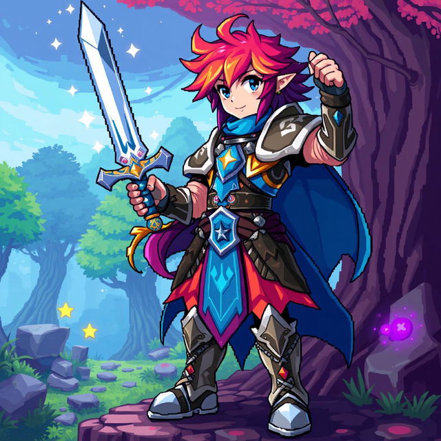 A character from a role-playing game (RPG) depicted in a 2D pixel art style, showcasing a colorful and detailed design
