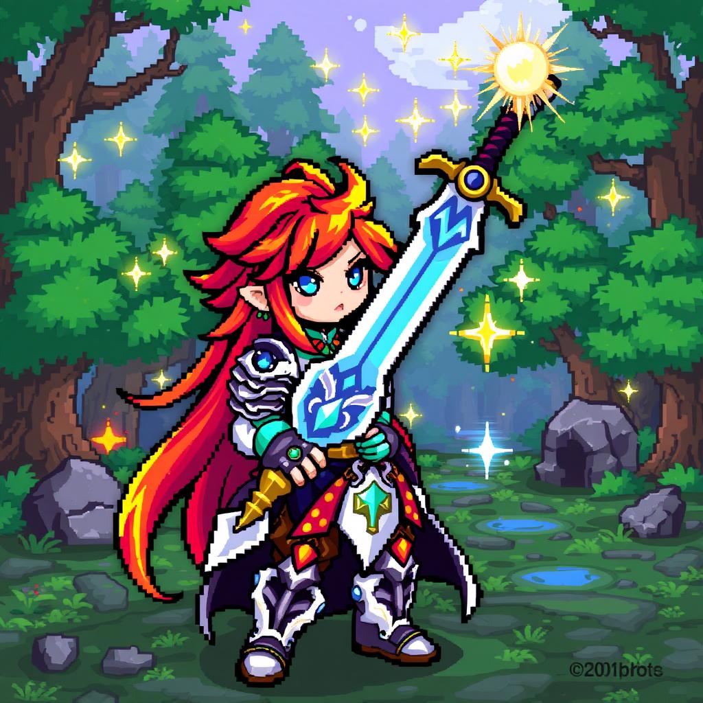 A character from a role-playing game (RPG) depicted in a 2D pixel art style, showcasing a colorful and detailed design