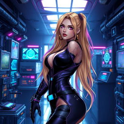 A sexy gothic anime-inspired cyberpunk scene featuring a curvy milf character as a ripper doc