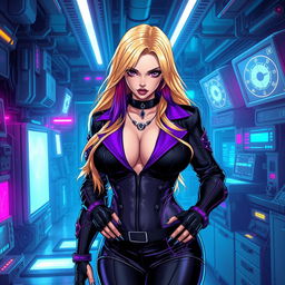 A sexy gothic anime-inspired cyberpunk scene featuring a curvy milf character as a ripper doc