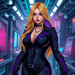 A sexy gothic anime-inspired cyberpunk scene featuring a curvy milf character as a ripper doc