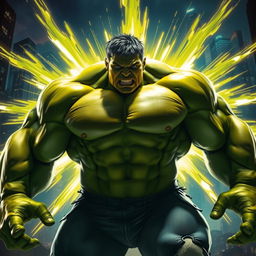 A dramatic transformation scene of the Hulk showcasing his incredible muscle growth