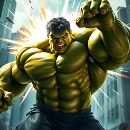 A dramatic transformation scene of the Hulk showcasing his incredible muscle growth