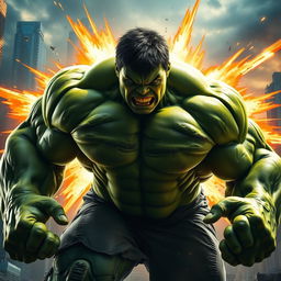 A dramatic transformation scene of the Hulk showcasing his incredible muscle growth
