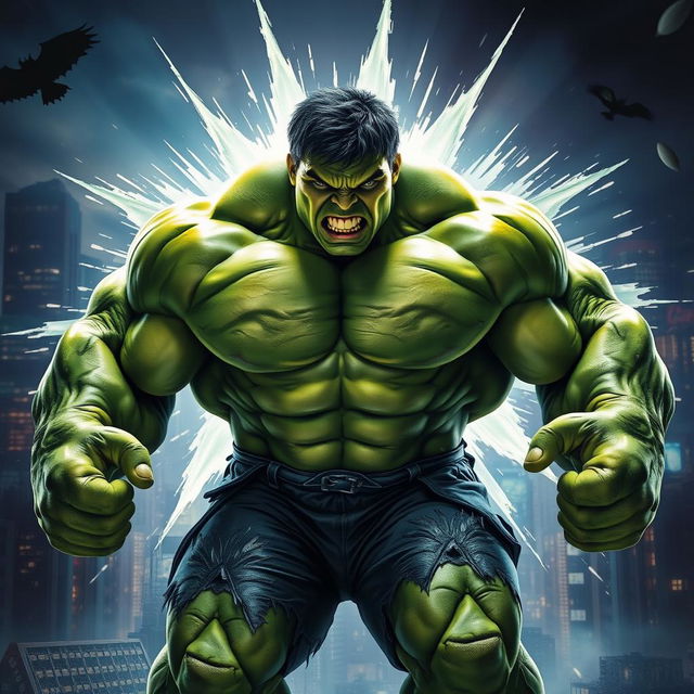 A dramatic transformation scene of the Hulk showcasing his incredible muscle growth
