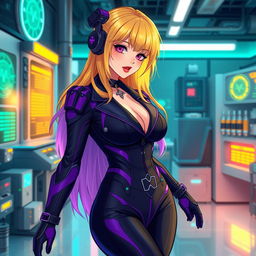 A sexy and cute gothic anime-inspired cyberpunk scene featuring a curvy milf character as a ripper doc