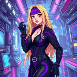 A sexy and cute gothic anime-inspired cyberpunk scene featuring a curvy milf character as a ripper doc