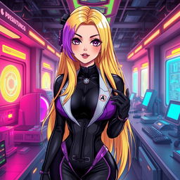 A sexy and cute gothic anime-inspired cyberpunk scene featuring a curvy milf character as a ripper doc