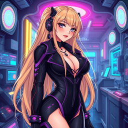 A sexy and cute gothic anime-inspired cyberpunk scene featuring a curvy milf character as a ripper doc