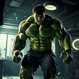 An epic scene depicting the transformation of the Hulk from Bruce Banner, set in a dramatic laboratory environment