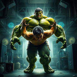 An epic scene depicting the transformation of the Hulk from Bruce Banner, set in a dramatic laboratory environment