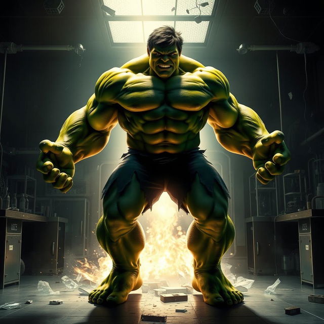 An epic scene depicting the transformation of the Hulk from Bruce Banner, set in a dramatic laboratory environment