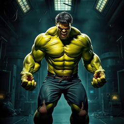 An epic scene depicting the transformation of the Hulk from Bruce Banner, set in a dramatic laboratory environment