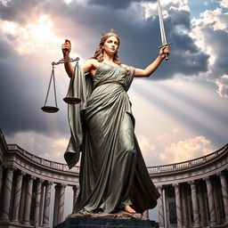 A powerful depiction of Justice personified as a strong, majestic woman wearing a flowing gown adorned with intricate patterns