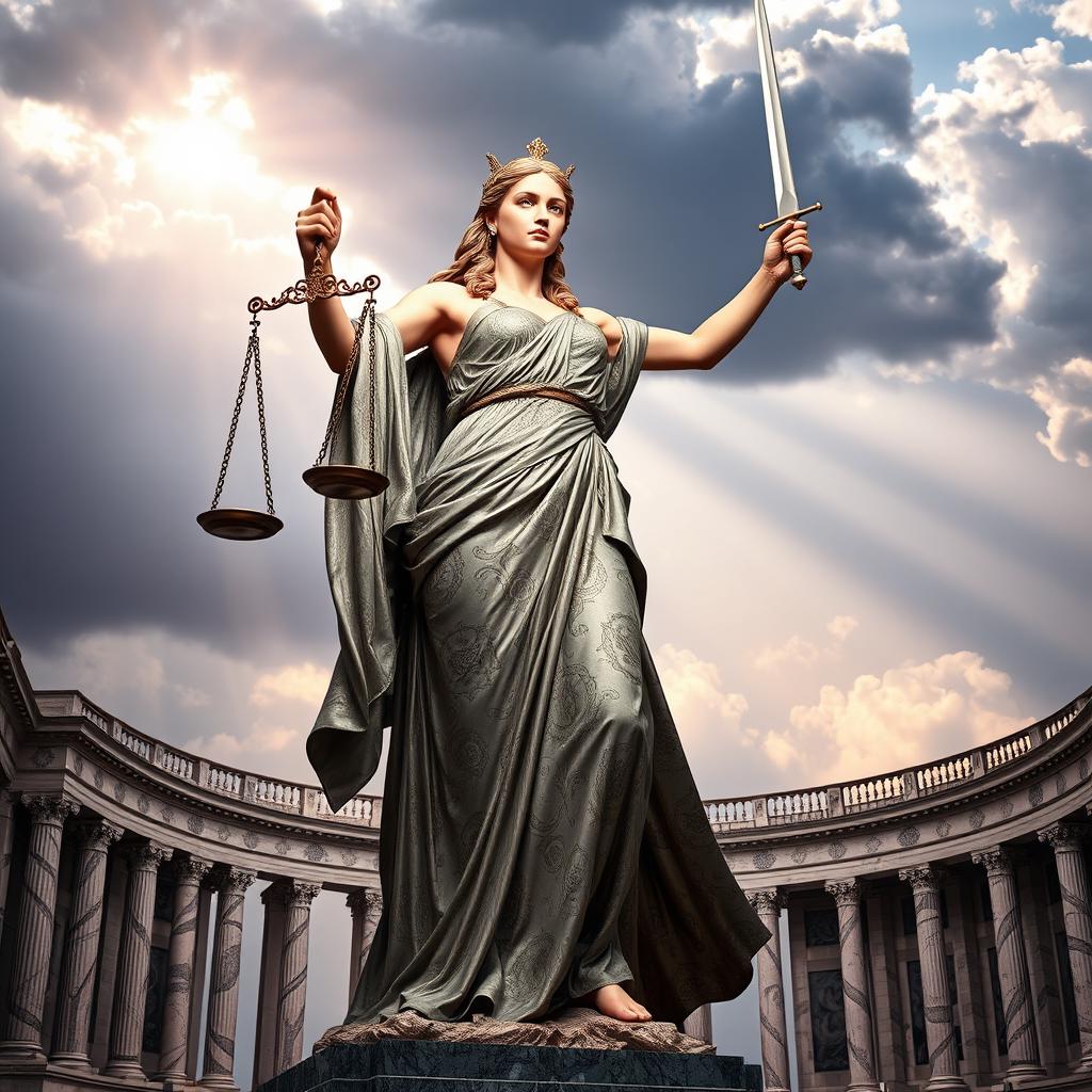 A powerful depiction of Justice personified as a strong, majestic woman wearing a flowing gown adorned with intricate patterns
