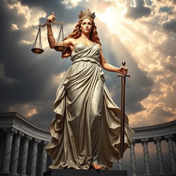 A powerful depiction of Justice personified as a strong, majestic woman wearing a flowing gown adorned with intricate patterns