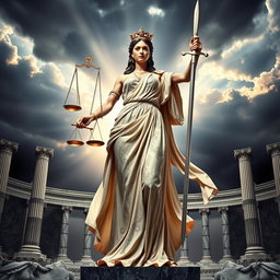 A powerful depiction of Justice personified as a strong, majestic woman wearing a flowing gown adorned with intricate patterns