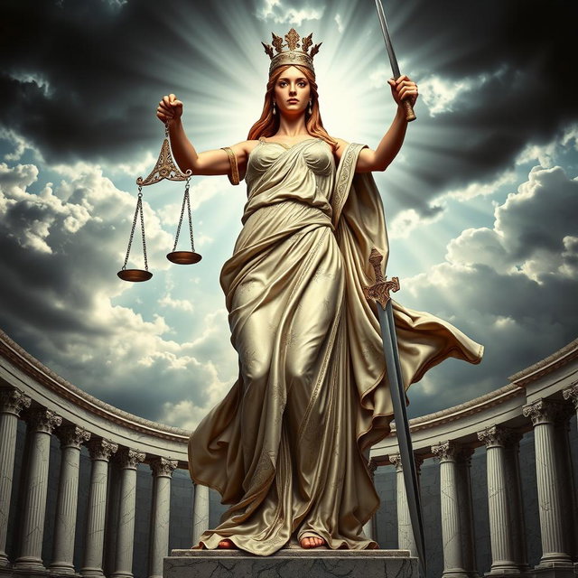A powerful depiction of Justice personified as a strong, majestic woman wearing a flowing gown adorned with intricate patterns