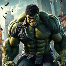 A dynamic scene depicting the Hulk in the middle of his transformation, showcasing his immense muscles and green skin