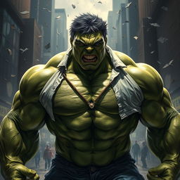 A dynamic scene depicting the Hulk in the middle of his transformation, showcasing his immense muscles and green skin