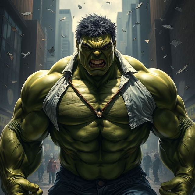 A dynamic scene depicting the Hulk in the middle of his transformation, showcasing his immense muscles and green skin