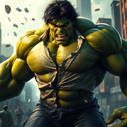 A dynamic scene depicting the Hulk in the middle of his transformation, showcasing his immense muscles and green skin