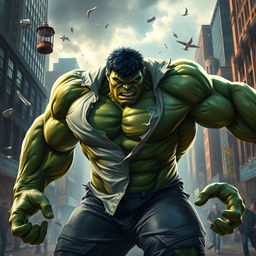 A dynamic scene depicting the Hulk in the middle of his transformation, showcasing his immense muscles and green skin