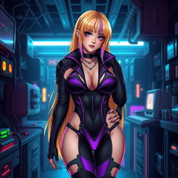 A sexy and cute gothic anime-inspired cyberpunk scene featuring a curvy milf character as a ripper doc