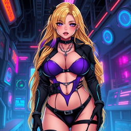 A sexy and cute gothic anime-inspired cyberpunk scene featuring a curvy milf character as a ripper doc