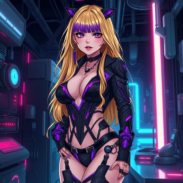 A sexy and cute gothic anime-inspired cyberpunk scene featuring a curvy milf character as a ripper doc