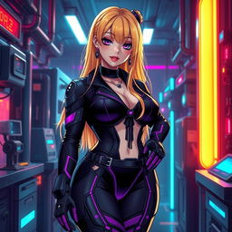 A sexy and cute gothic anime-inspired cyberpunk scene featuring a curvy milf character as a ripper doc