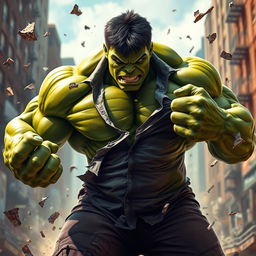 A powerful, muscular green giant resembling the Hulk, showcasing an intense expression as he rips his shirt apart in a dramatic, action-packed pose