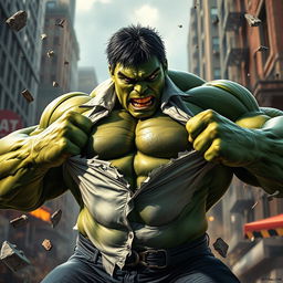 A powerful, muscular green giant resembling the Hulk, showcasing an intense expression as he rips his shirt apart in a dramatic, action-packed pose