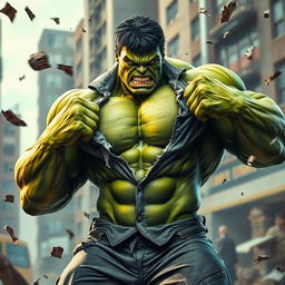 A powerful, muscular green giant resembling the Hulk, showcasing an intense expression as he rips his shirt apart in a dramatic, action-packed pose