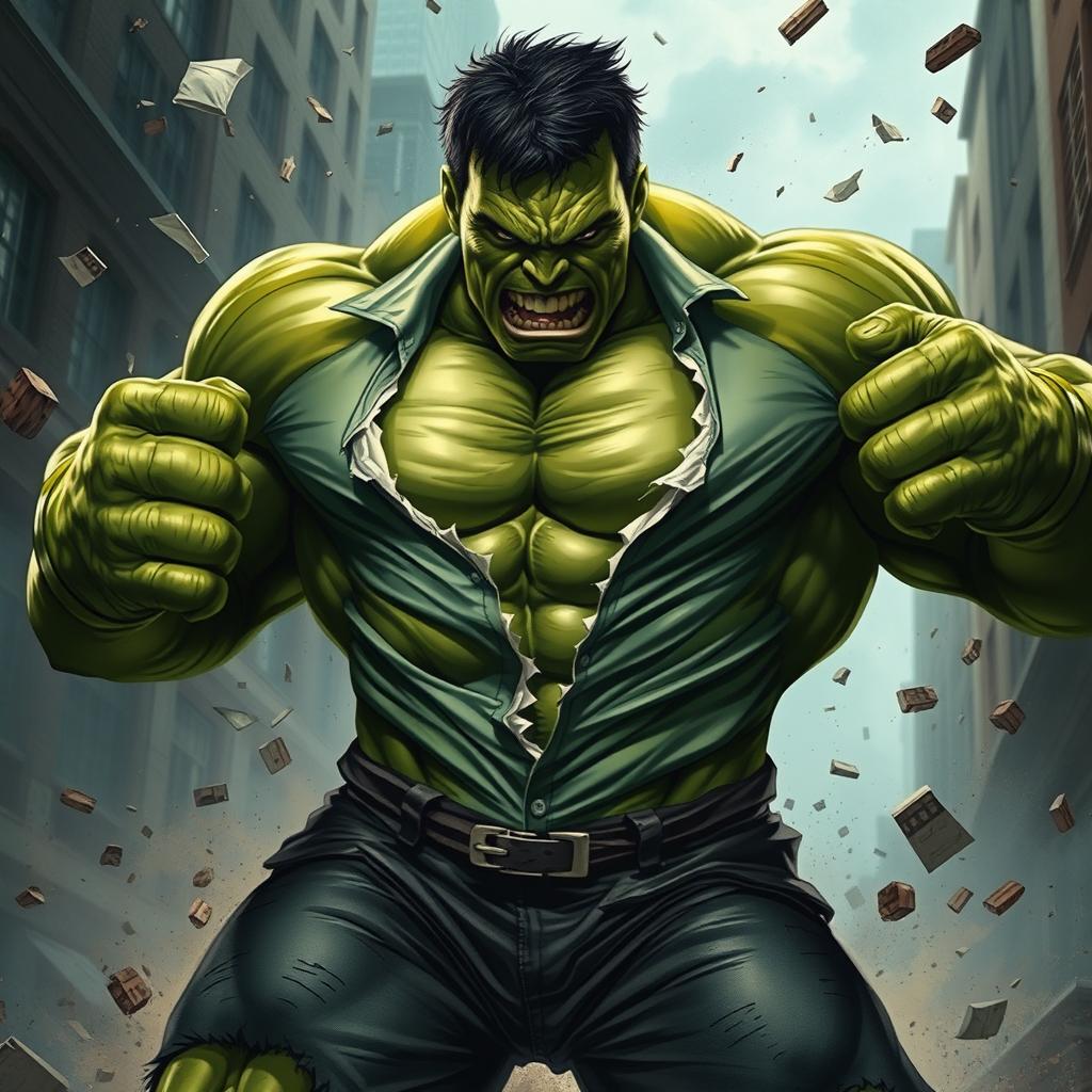 A powerful, muscular green giant resembling the Hulk, showcasing an intense expression as he rips his shirt apart in a dramatic, action-packed pose