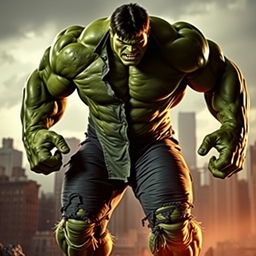 A massive green Hulk in a dramatic pose, showcasing his iconic ripped shirt and pants