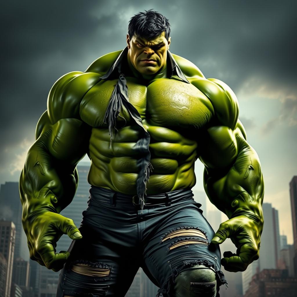 A massive green Hulk in a dramatic pose, showcasing his iconic ripped shirt and pants