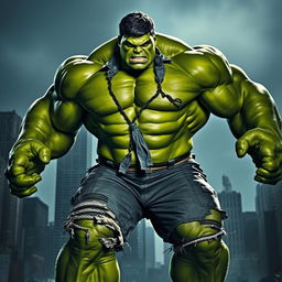 A massive green Hulk in a dramatic pose, showcasing his iconic ripped shirt and pants